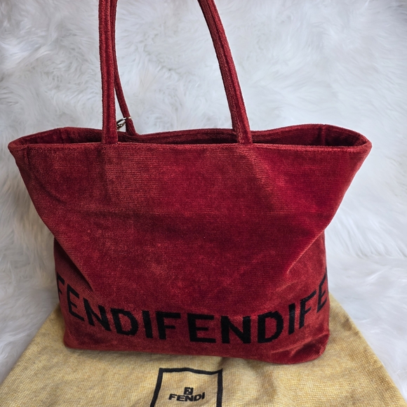 Fendi Red Velvet Tote Bag With Fendi Script, Fendi Dustbag, &Unbranded Bag Charm - Picture 3 of 14